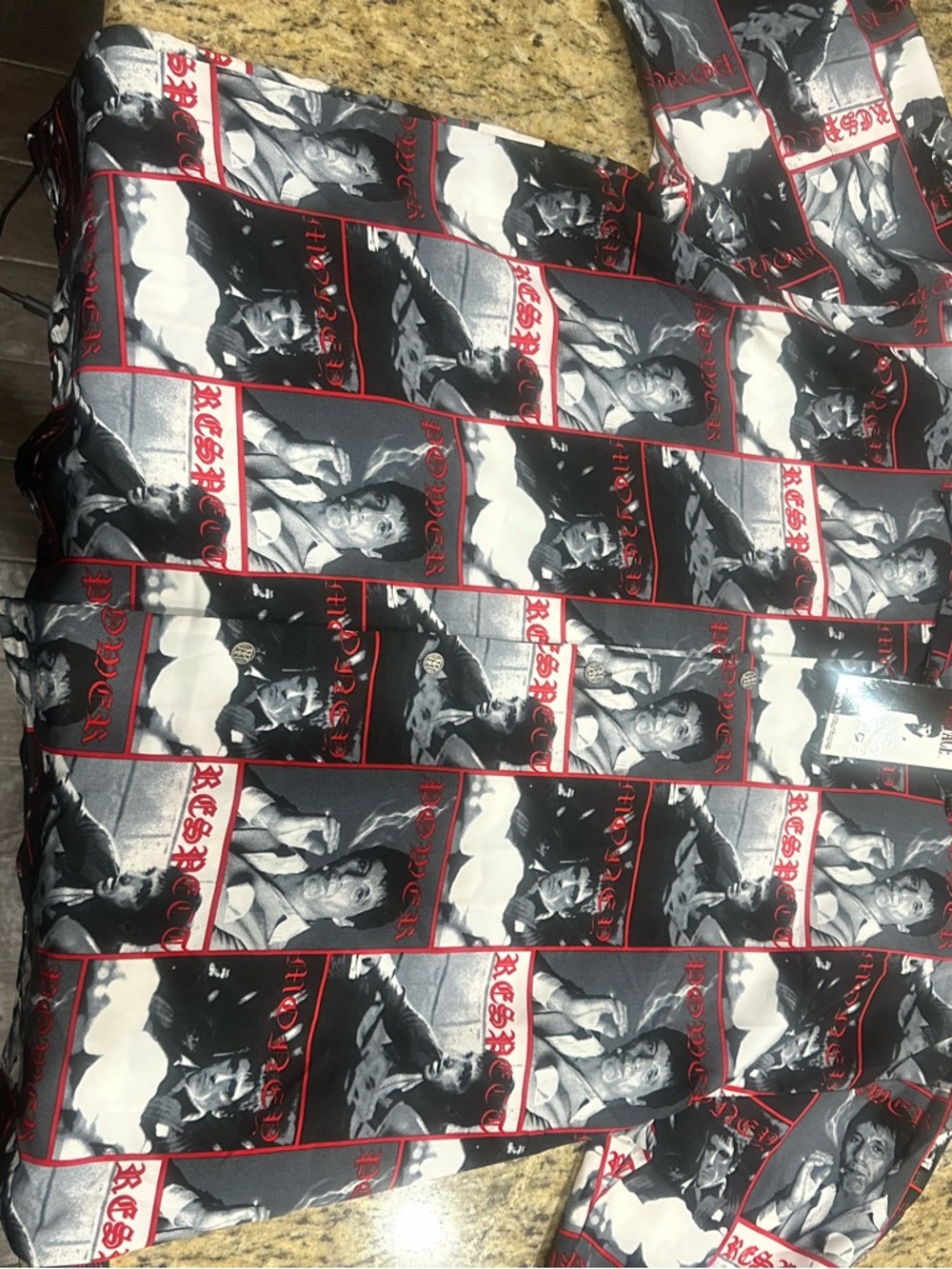 Men's Casual Black & White Graphic Button-Down Shirt with Red Accents